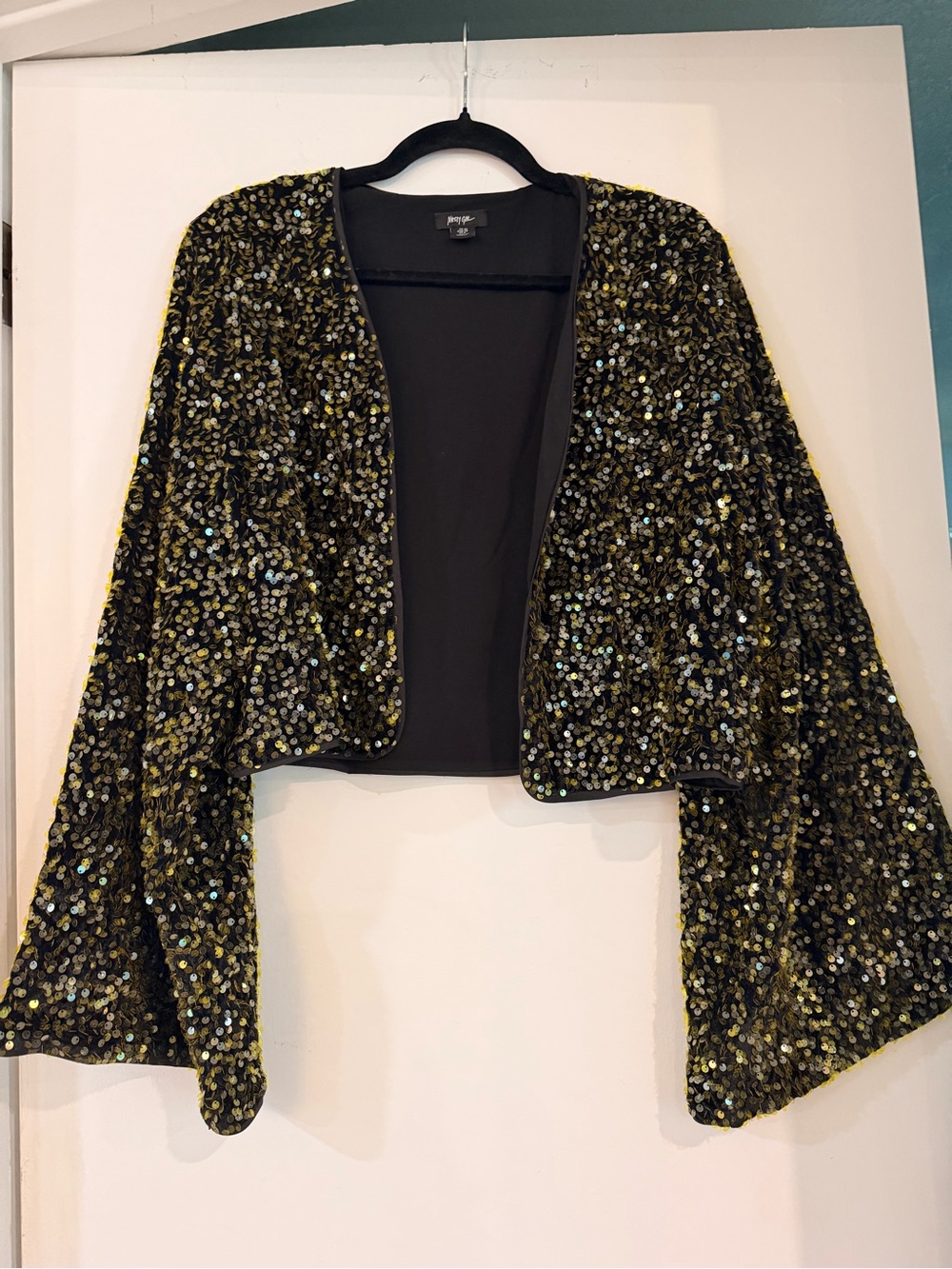 Nasty Gal Black & Gold Sequin Open-Front Cropped Shrug
